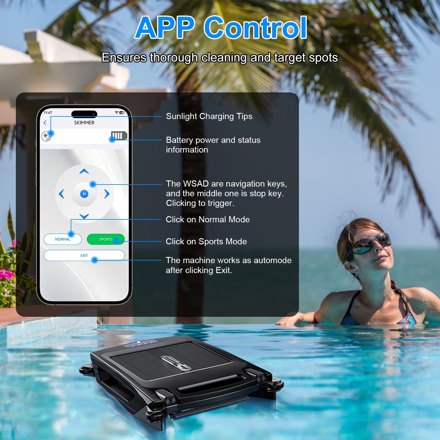 1Pc Solar Powered Robotic Pool Skimmer Automatic Swimming Pool Surface Cleaner With 2 Cleaning Modes Dual Charging Methods IPX7 Waterproof 1937sq.ft Coverage APP Control