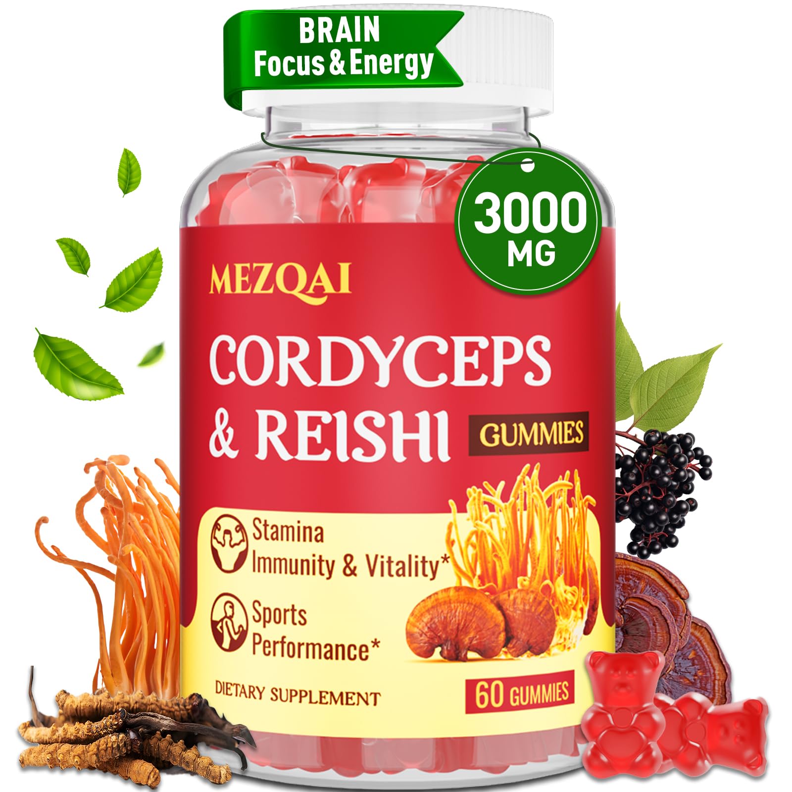 Mushroom Gummies for Adults 3000mg Cordyceps Reishi Mushroom (Best For Focus And Brain Fog)