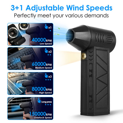 1Pc Compressed Air Duster With LED Light Up To 150000RPM Speed For PC Keyboard Cleaning High Speed Rechargeable Cordless Air Blower With 4 Speeds For Home Car Outdoor