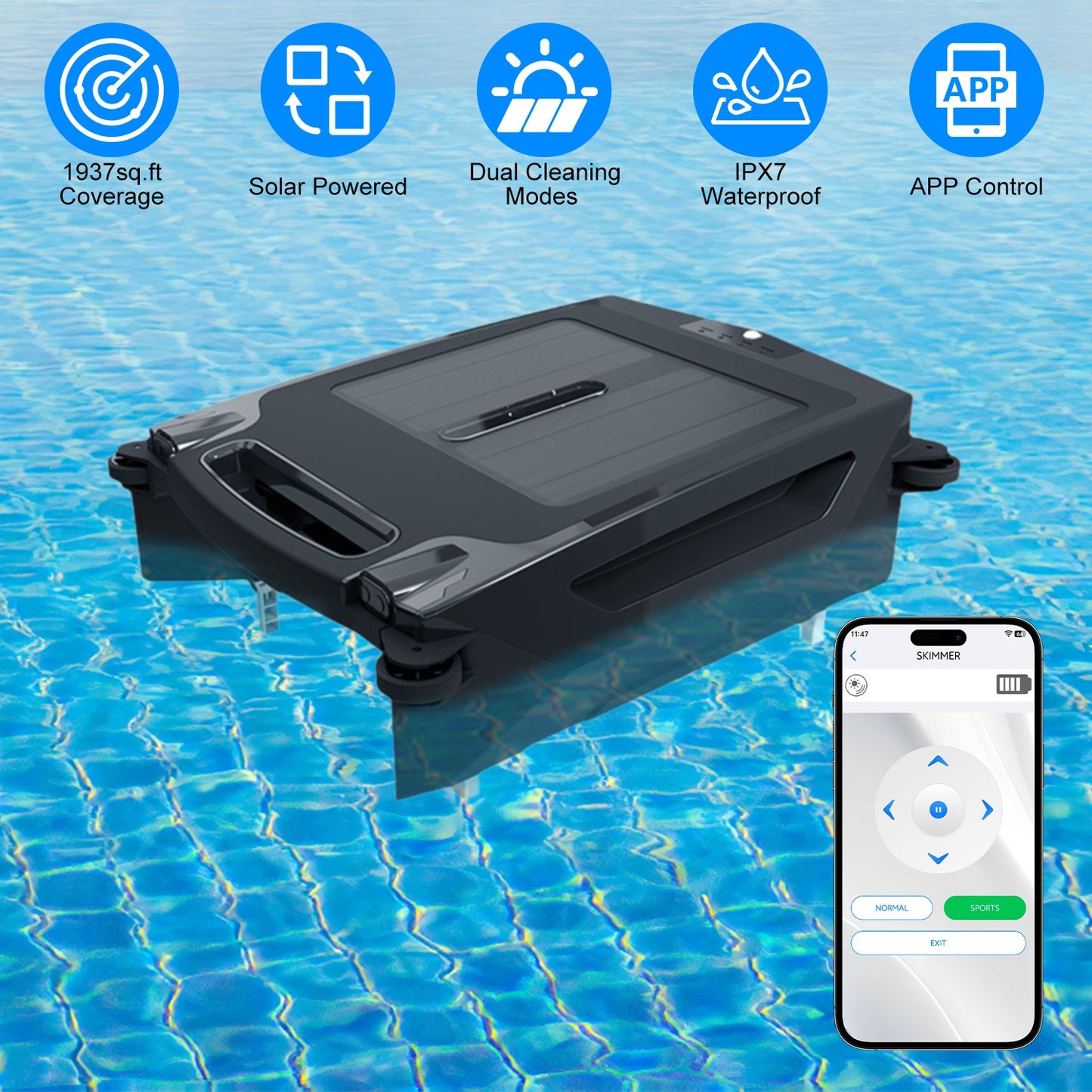 1Pc Solar Powered Robotic Pool Skimmer Automatic Swimming Pool Surface Cleaner With 2 Cleaning Modes Dual Charging Methods IPX7 Waterproof 1937sq.ft Coverage APP Control