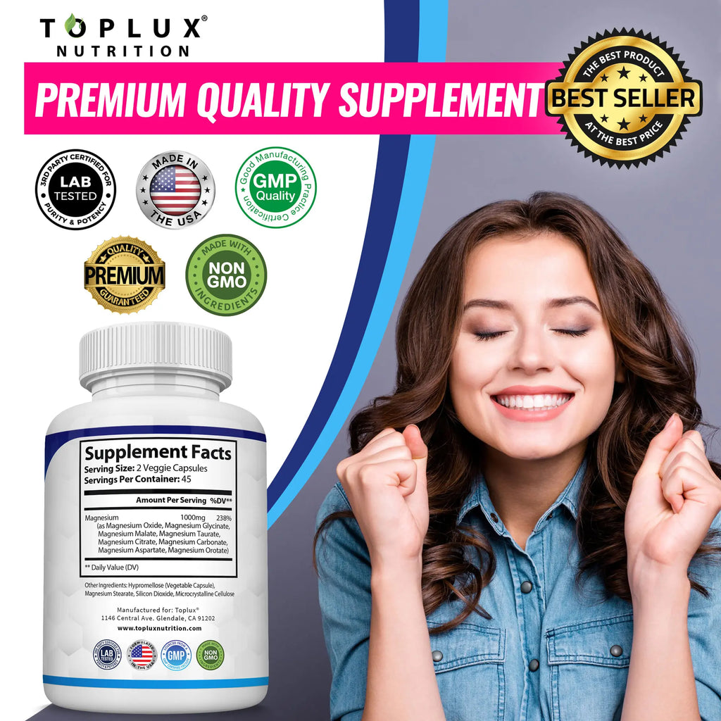Experience Restful Nights with Toplux Magnesium Complex - 8 Essential Magnesium Supplement (1000mg) for Optimal Health
