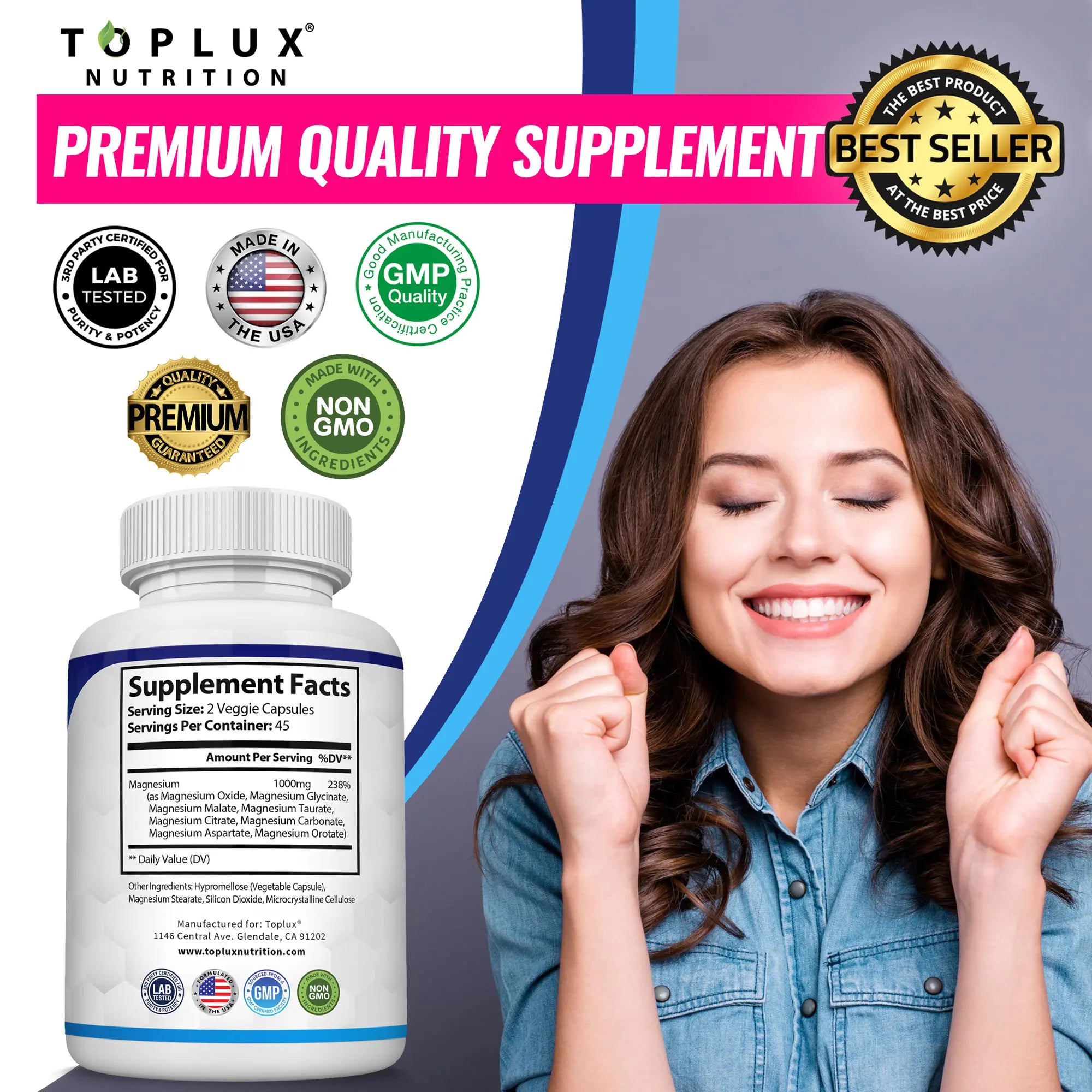 Experience Restful Nights with Toplux Magnesium Complex - 8 Essential Magnesium Supplement (1000mg) for Optimal Health