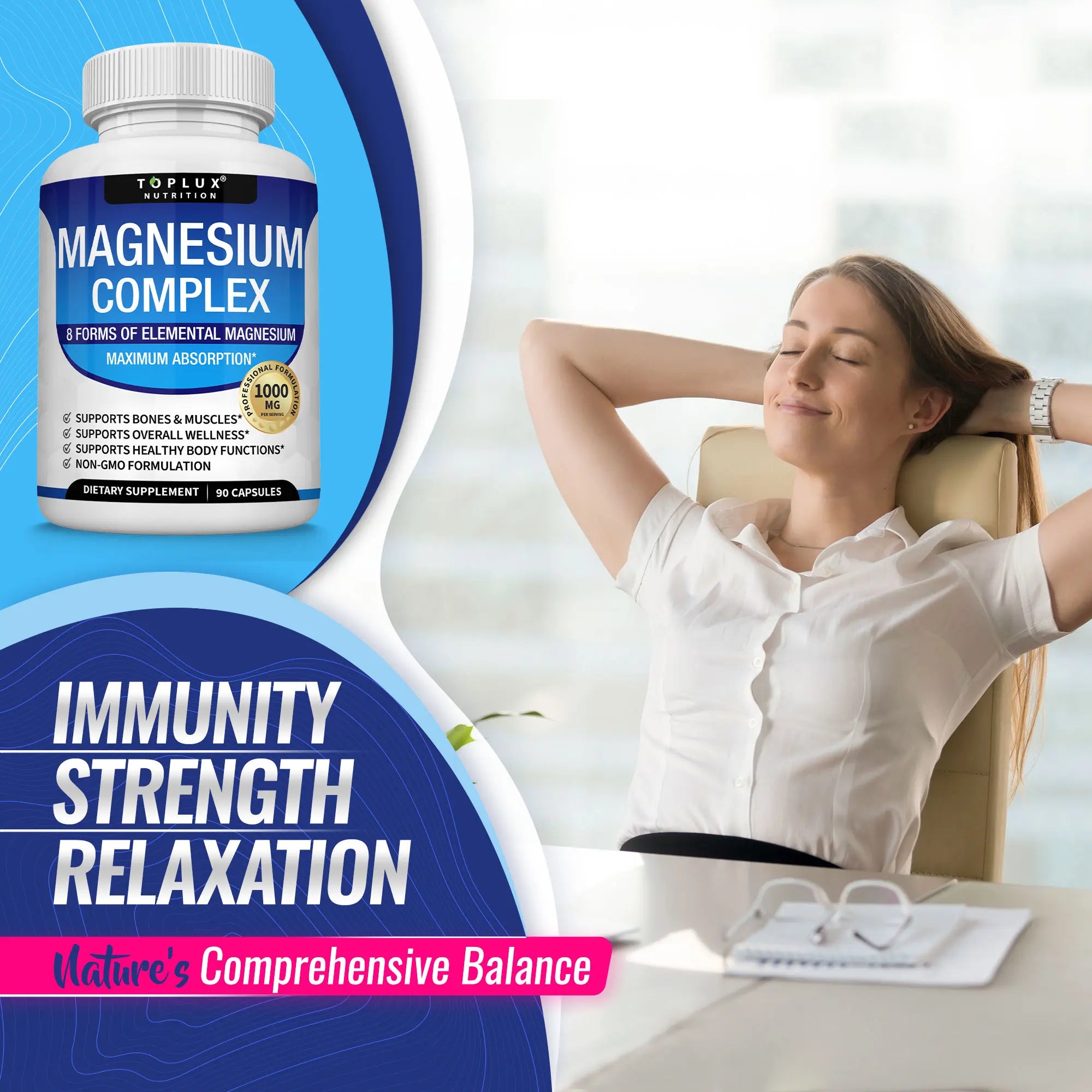 Experience Restful Nights with Toplux Magnesium Complex - 8 Essential Magnesium Supplement (1000mg) for Optimal Health