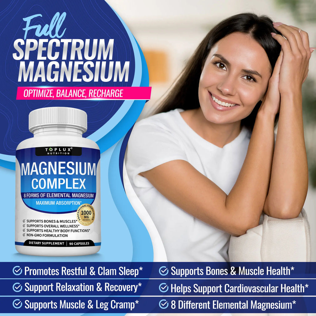 Experience Restful Nights with Toplux Magnesium Complex - 8 Essential Magnesium Supplement (1000mg) for Optimal Health