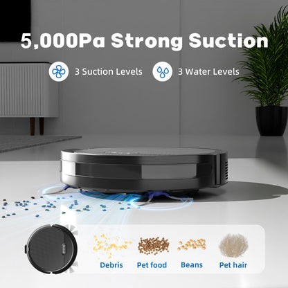 Robot Vacuum And Mop, 3 In 1 Combo Cleaner For Home With Pet Hair And Hard Floor, 5000Pa Suction, 120 Mins Run Time,Self-Charging,Super Thin Body