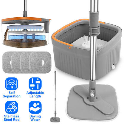 Spin Mop And Bucket System Includes Dual Compartment Mop Bucket 4Pcs Thick Washable Microfiber Mop Pads For Home Cleaning