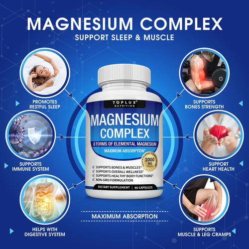 Experience Restful Nights with Toplux Magnesium Complex - 8 Essential Magnesium Supplement (1000mg) for Optimal Health